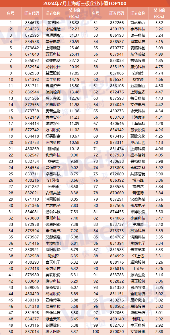 2024年7月上海新三板企业市值TOP100：22家企业冲击北交所  第3张