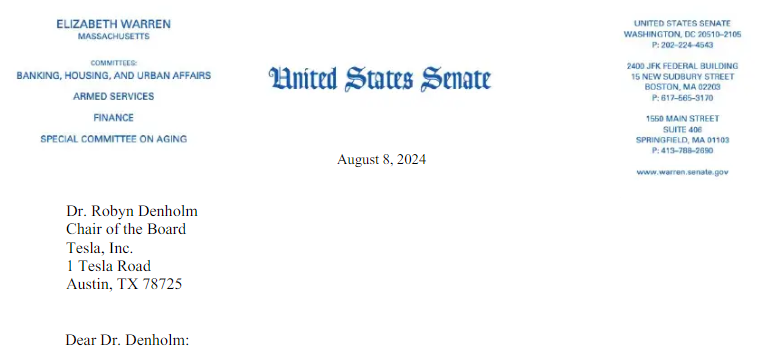 美参议员致信特斯拉董事长：质疑其纵容马斯克“公器私用”