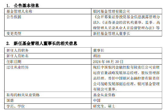 银河基金新任胡泊为董事长 总经理史平武不再代履董事长职务