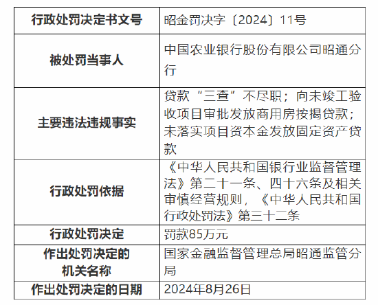 中国农业银行昭通分行被罚85万：因未落实项目资本金发放固定资产贷款等三项违法违规事实