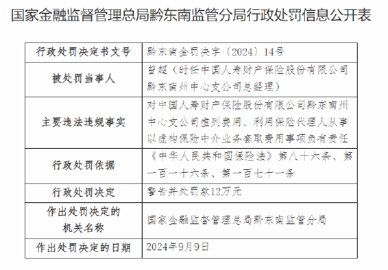 中国人寿财险黔东南州中心支公司被罚47万元：虚列费用 利用保险代理人从事以虚构保险中介业务套取费用