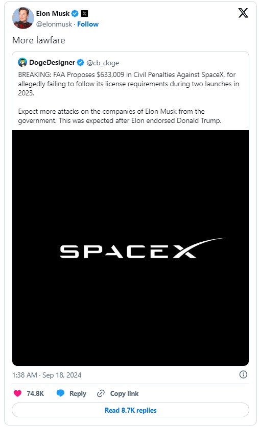 马斯克怒怼FAA！SpaceX打响63.3万罚单反击战  第1张