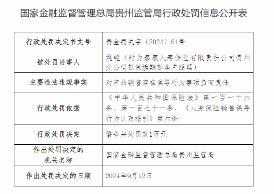 泰康人寿贵州分公司被罚42万元：因未如实记录保险业务事项等违法违规行为  第2张