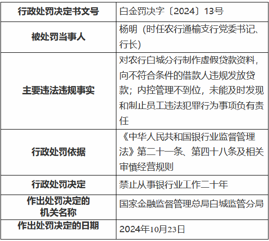 农业银行白城分行被罚135万元：时任行长被终身禁业 其余三名涉事人员被禁业10—20年  第4张