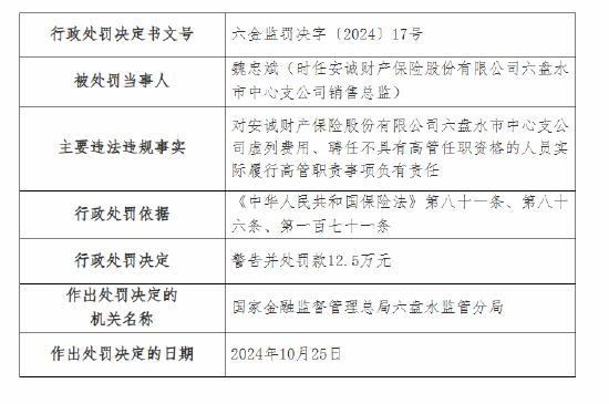 安诚财险六盘水市中心支公司被罚29万元：因虚列费用 聘任不具有高管任职资格的人员实际履行高管职责  第2张