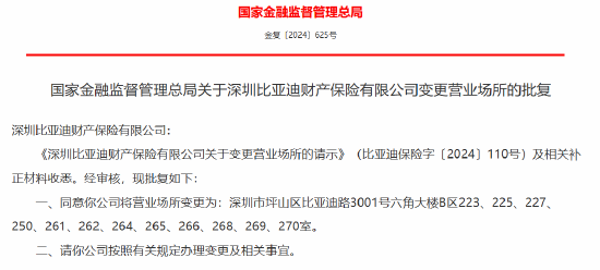 深圳比亚迪财产保险有限公司获批变更营业场所  第1张