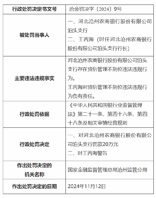 河北沧州农商银行泊头支行被罚20万元：因贷后管理不到位  第1张