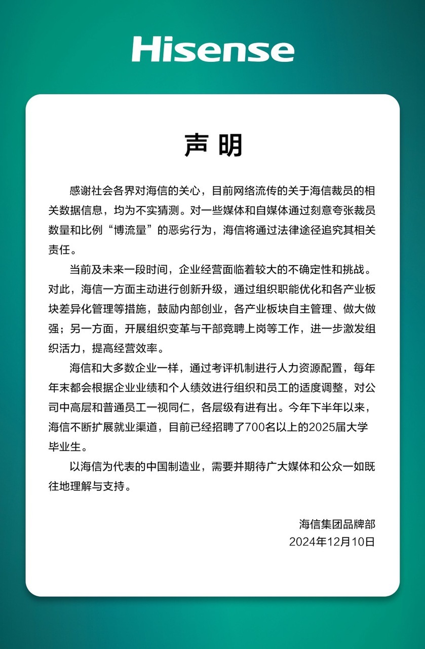 海信集团品牌部：目前网络流传的关于海信裁员的相关数据信息，均为不实猜测  第1张