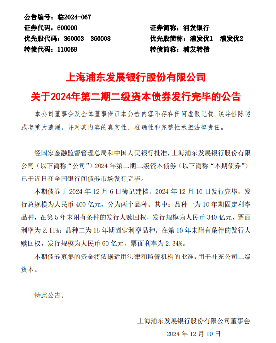 浦发银行：400亿元第二期二级资本债券发行完毕  第1张