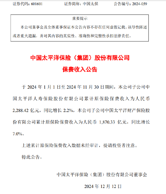 中国太保：前11个月累计寿险保费收入2288.42亿元 同比增长2.2%  第1张