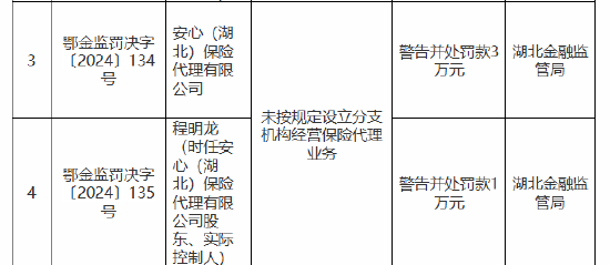 安心（湖北）保险代理有限公司被罚3万元：未按规定设立分支机构经营保险代理业务  第1张