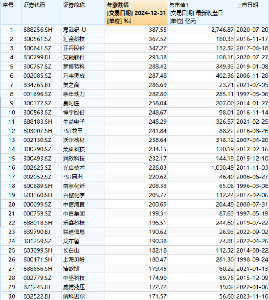 2024牛股盘点：3只股票涨幅超300%，20只股票涨幅超200%，94只股票涨幅超100%（名单）  第2张