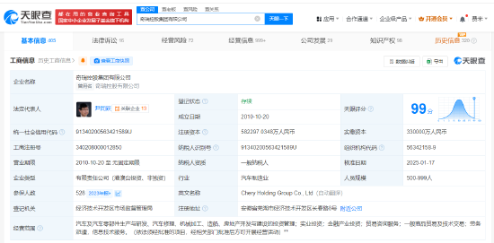 奇瑞控股减资至58.2亿