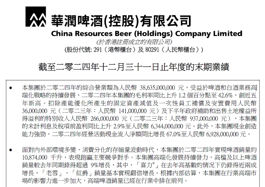 华润啤酒2024营收386.35亿，白酒业务营收超21亿  第1张