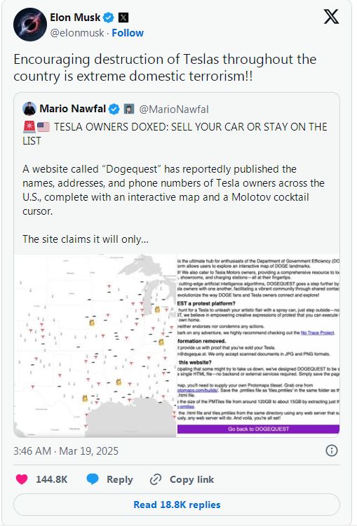 美网站公布特斯拉车主个人信息，马斯克痛斥“极端国内恐怖主义”  第1张